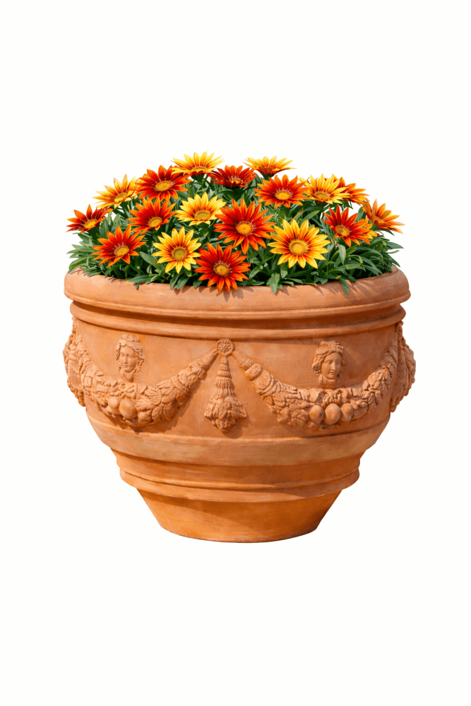 Pot rond en terre cuite d’Impruneta richement décoré